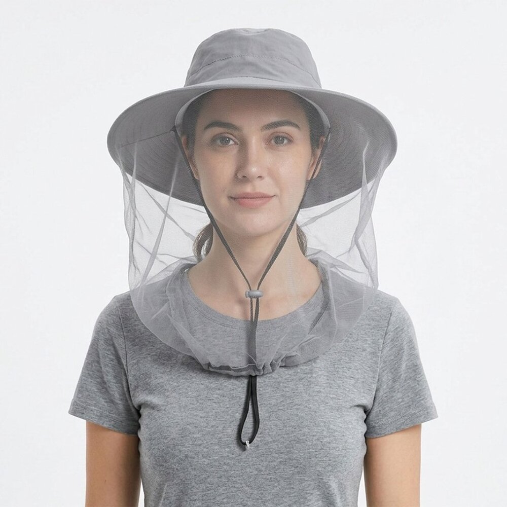 Outdoor Bug Net Sun Hat | Protective Mesh Mosquito Face Veil | Grey